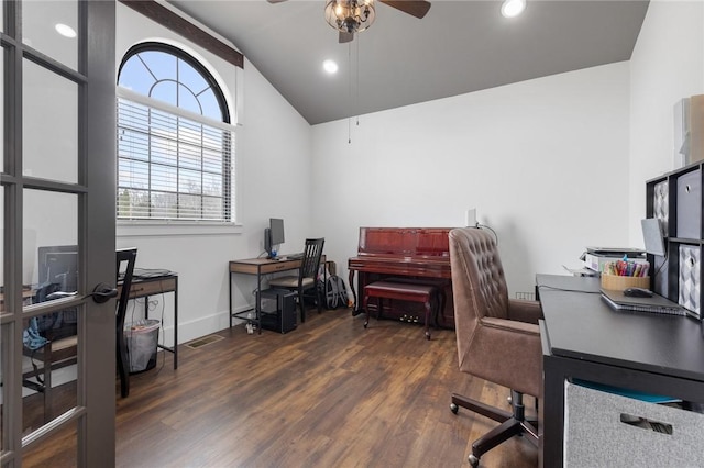 home office featuring baseboards, lofted ceiling, recessed lighting, wood finished floors, and a ceiling fan