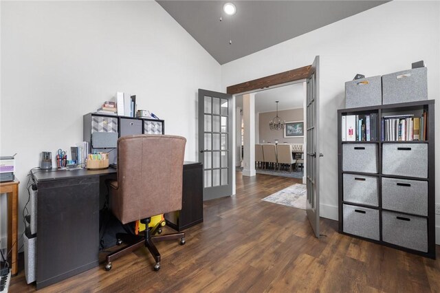 office featuring wood finished floors, baseboards, high vaulted ceiling, an inviting chandelier, and french doors