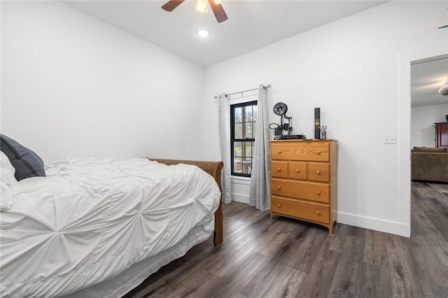 bedroom with ceiling fan, baseboards, wood finished floors, and recessed lighting