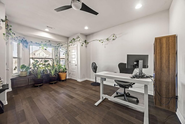 office featuring visible vents, a ceiling fan, dark wood-style floors, recessed lighting, and baseboards