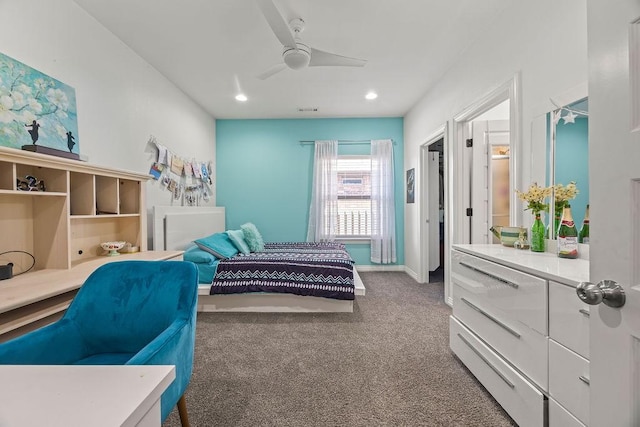 bedroom featuring visible vents, recessed lighting, carpet flooring, baseboards, and ceiling fan