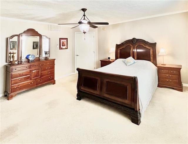 11 Saint Andrews Lane Holiday Island Unit 9, Holiday Island, AR 72631 - bedroom with light colored carpet, ornamental molding, and a ceiling fan