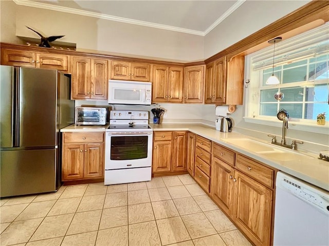 11 Saint Andrews Lane Holiday Island Unit 9, Holiday Island, AR 72631 - kitchen featuring white appliances, crown molding, pendant lighting, light countertops, and brown cabinetry