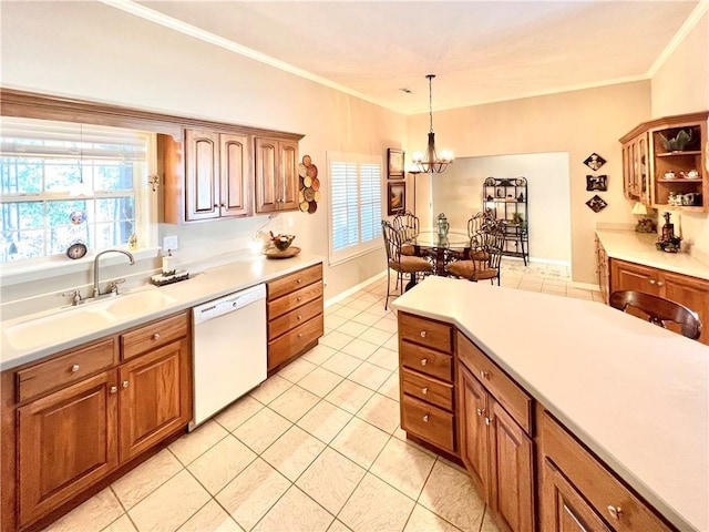 11 Saint Andrews Lane Holiday Island Unit 9, Holiday Island, AR 72631 - kitchen featuring dishwasher, light tile patterned floors, a chandelier, light countertops, and ornamental molding