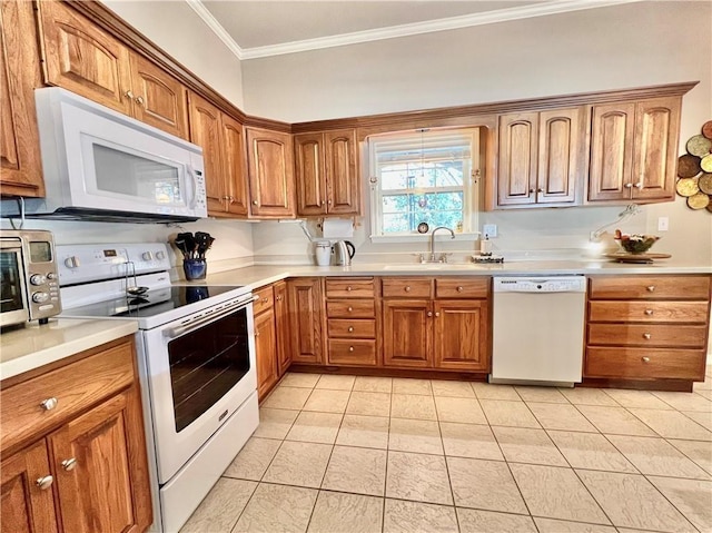 11 Saint Andrews Lane Holiday Island Unit 9, Holiday Island, AR 72631 - kitchen with white appliances, ornamental molding, brown cabinets, light countertops, and light tile patterned floors