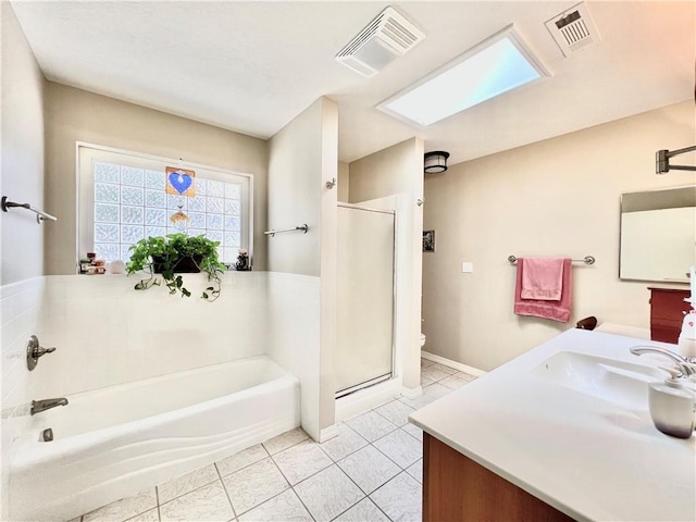 11 Saint Andrews Lane Holiday Island Unit 9, Holiday Island, AR 72631 - full bathroom featuring vanity, a bath, a stall shower, and tile patterned floors