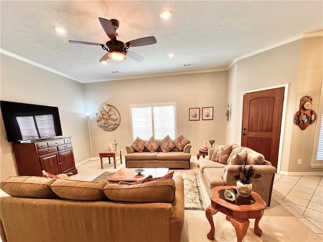 11 Saint Andrews Lane Holiday Island Unit 9, Holiday Island, AR 72631 - living room featuring ornamental molding, a ceiling fan, light tile patterned floors, and recessed lighting