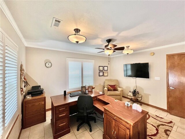 11 Saint Andrews Lane Holiday Island Unit 9, Holiday Island, AR 72631 - home office featuring ceiling fan, ornamental molding, and light tile patterned flooring