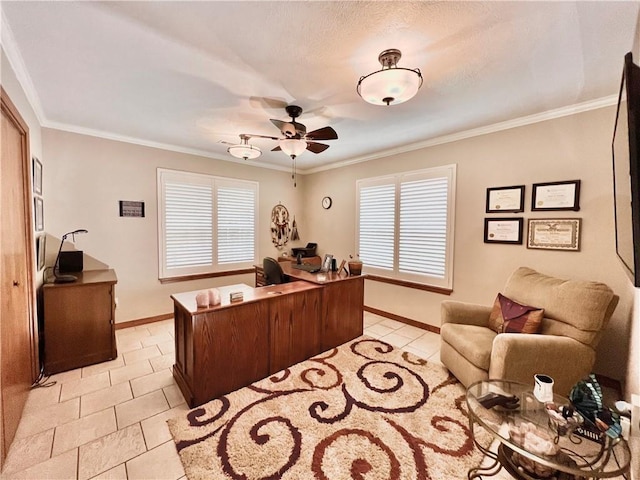 11 Saint Andrews Lane Holiday Island Unit 9, Holiday Island, AR 72631 - office area featuring a ceiling fan, light tile patterned floors, healthy amount of natural light, and crown molding