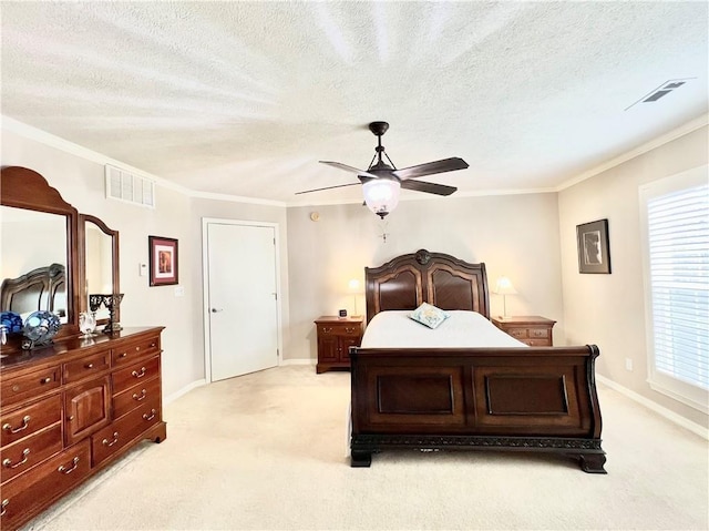 11 Saint Andrews Lane Holiday Island Unit 9, Holiday Island, AR 72631 - bedroom featuring light carpet, a textured ceiling, ornamental molding, and a ceiling fan