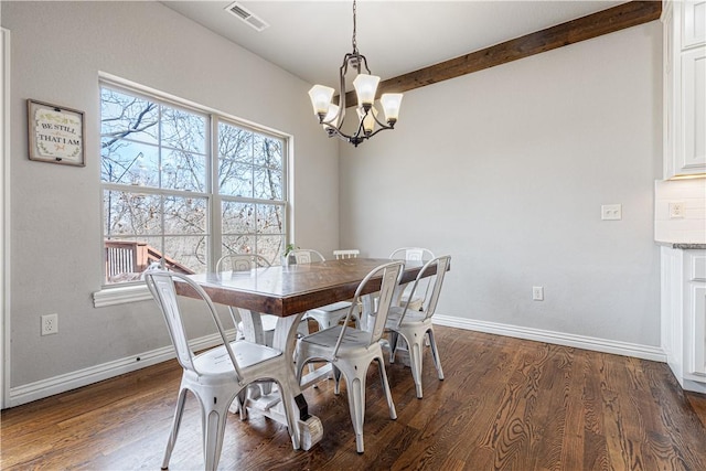 dining area featuring dark wood finished floors, baseboards, visible vents, and a chandelier