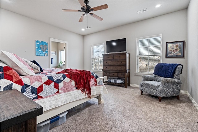 carpeted bedroom with recessed lighting, baseboards, visible vents, and ceiling fan