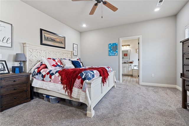 bedroom with visible vents, recessed lighting, baseboards, and carpet floors