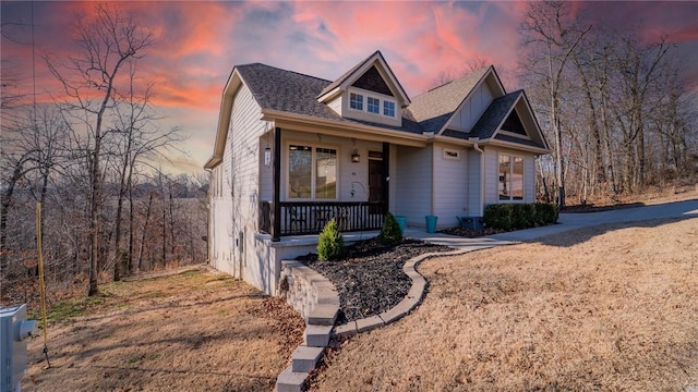 view of front of house featuring covered porch and roof with shingles