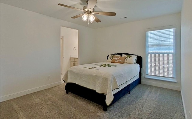 bedroom featuring carpet flooring, ceiling fan, baseboards, and visible vents