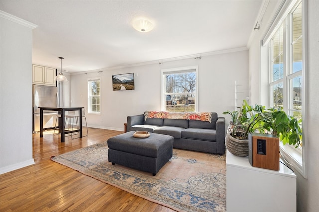 living room with a healthy amount of sunlight, light wood finished floors, and ornamental molding