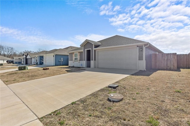 single story home featuring fence, roof with shingles, an attached garage, stucco siding, and concrete driveway