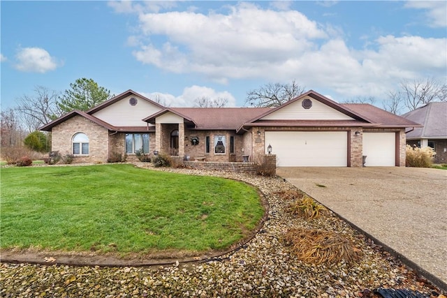 ranch-style home featuring driveway, brick siding, an attached garage, and a front yard