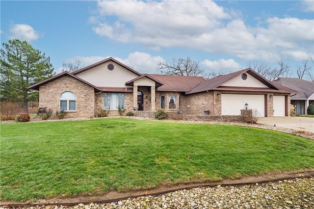 ranch-style home featuring brick siding, a front yard, concrete driveway, and an attached garage