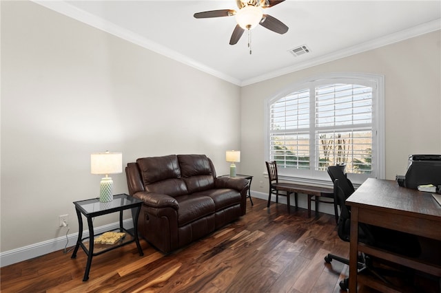 office space with visible vents, a ceiling fan, wood finished floors, crown molding, and baseboards