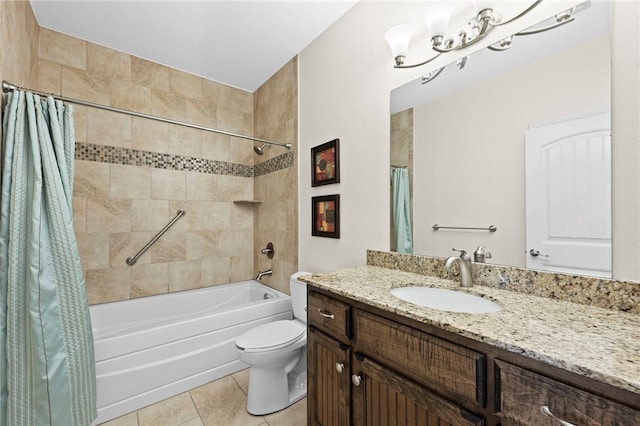 full bathroom with tile patterned floors, toilet, shower / bath combination with curtain, a chandelier, and vanity