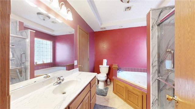 full bath with toilet, a shower stall, a raised ceiling, a bath, and vanity