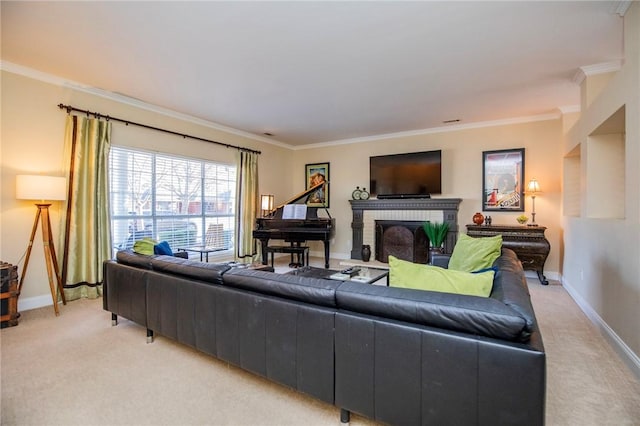 living area featuring light colored carpet, a brick fireplace, and ornamental molding