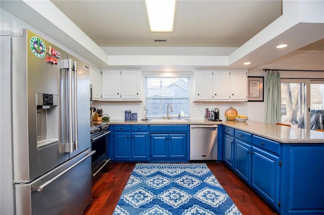 kitchen with a raised ceiling, a peninsula, blue cabinets, and appliances with stainless steel finishes