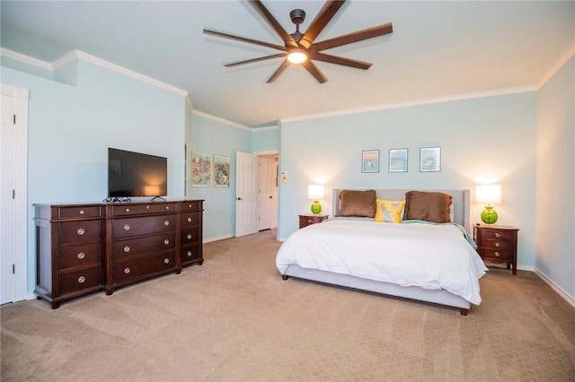 bedroom featuring light colored carpet, baseboards, and ornamental molding