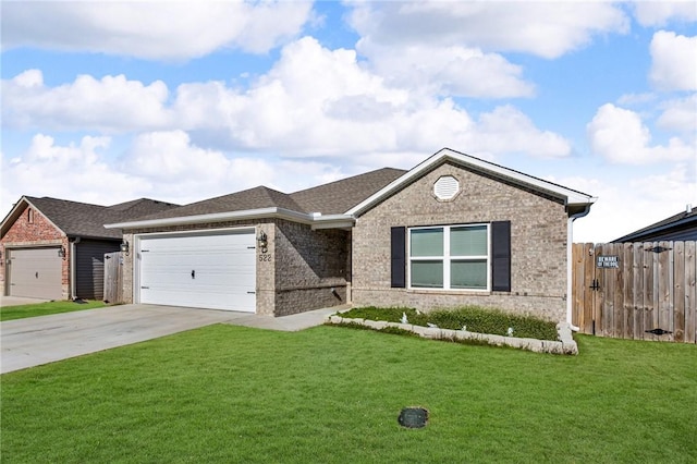 ranch-style home with a front yard, fence, brick siding, and driveway