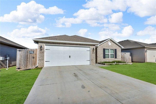 ranch-style home with brick siding, an attached garage, concrete driveway, and a front lawn