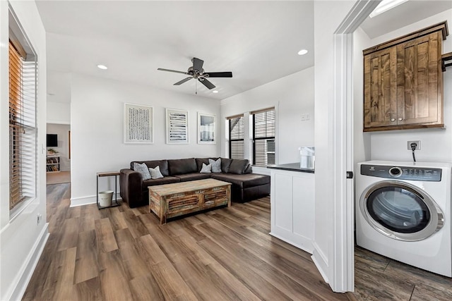 laundry area with dark wood-type flooring, a ceiling fan, washer / clothes dryer, recessed lighting, and cabinet space