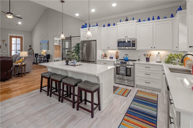 kitchen with a breakfast bar, a sink, appliances with stainless steel finishes, a barn door, and open floor plan