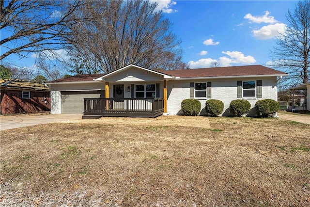 ranch-style house featuring brick siding, concrete driveway, a front yard, covered porch, and an attached garage