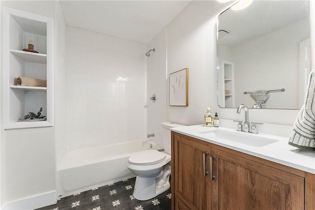 full bath featuring toilet, vanity, and washtub / shower combination