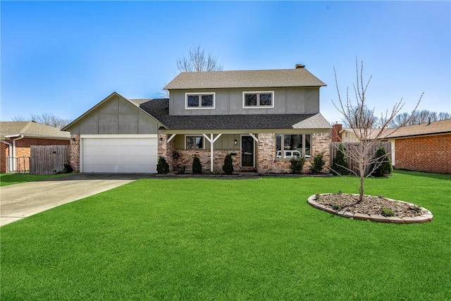 traditional-style home with a front lawn, fence, concrete driveway, an attached garage, and brick siding