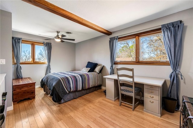 bedroom with baseboards, visible vents, beam ceiling, ceiling fan, and light wood-type flooring