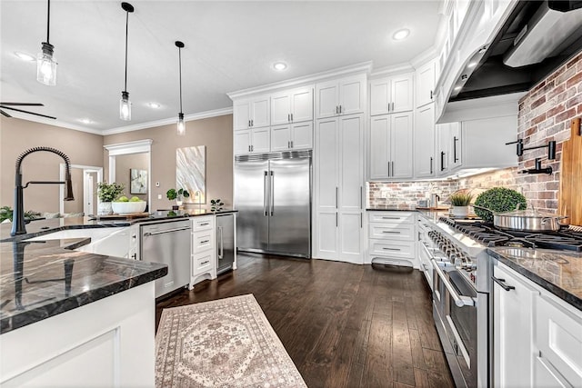 kitchen with ventilation hood, high quality appliances, ornamental molding, white cabinets, and a sink