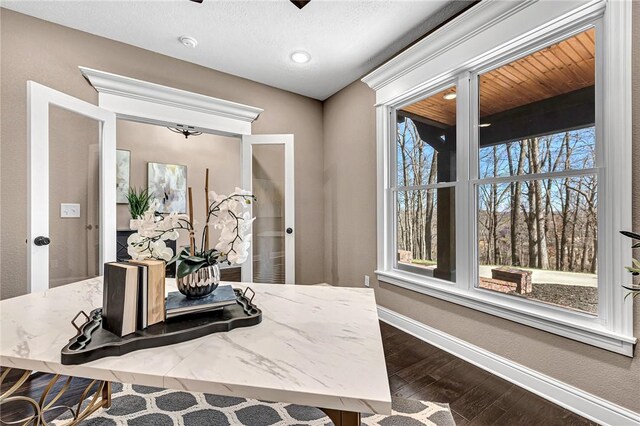 interior space with dark wood-style floors, plenty of natural light, a textured ceiling, and baseboards