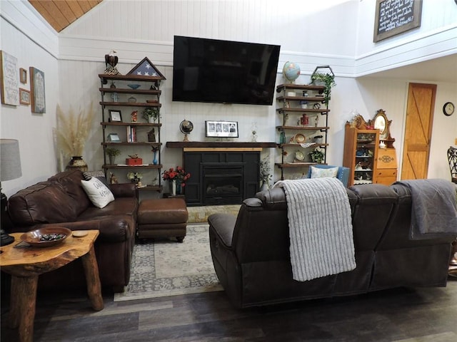 1820 Oak Grove Rd, Van Buren, AR 72956 - living area featuring a glass covered fireplace, lofted ceiling, and wood finished floors