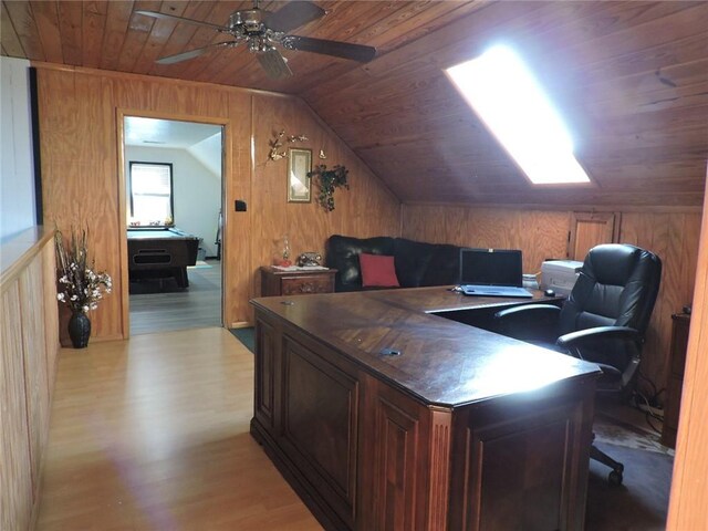 1820 Oak Grove Rd, Van Buren, AR 72956 - home office featuring a ceiling fan, light wood finished floors, lofted ceiling, wood ceiling, and wood walls