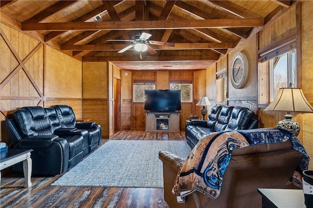 living room with lofted ceiling with beams, wooden walls, and wood-type flooring