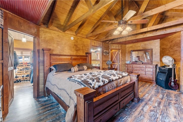 bedroom with wood finished floors, high vaulted ceiling, wood ceiling, wood walls, and beamed ceiling