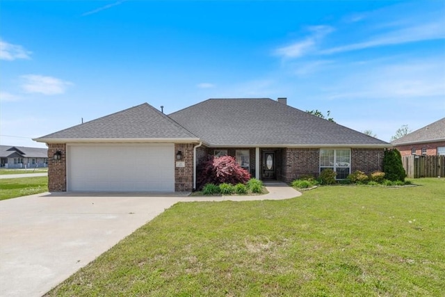 ranch-style home featuring concrete driveway, a front lawn, fence, a garage, and brick siding