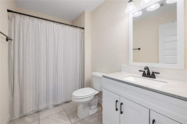 full bath featuring visible vents, toilet, a shower with shower curtain, tile patterned flooring, and vanity