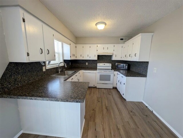 kitchen with white electric range, stainless steel microwave, under cabinet range hood, dark countertops, and a sink