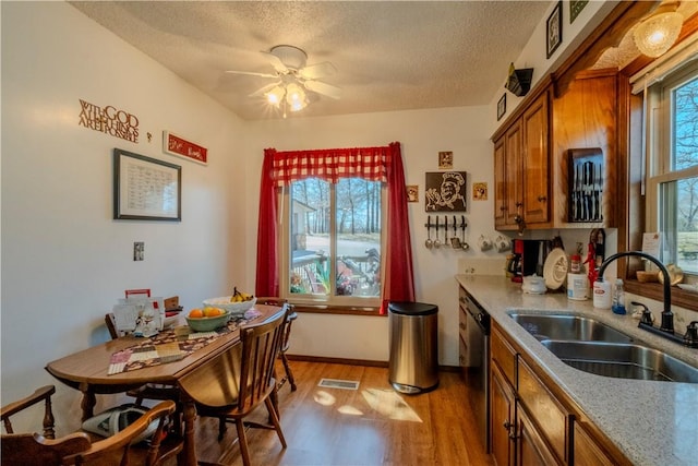 kitchen with a sink, brown cabinets, a wealth of natural light, and light wood finished floors