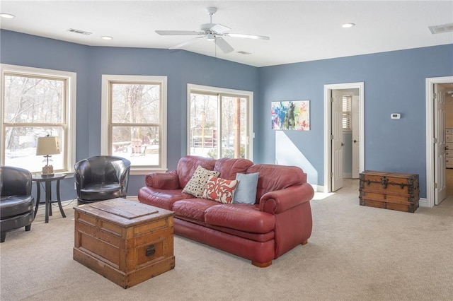 living room featuring visible vents, recessed lighting, baseboards, and carpet