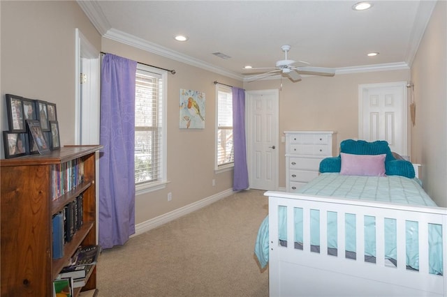 bedroom with recessed lighting, baseboards, light colored carpet, and ornamental molding