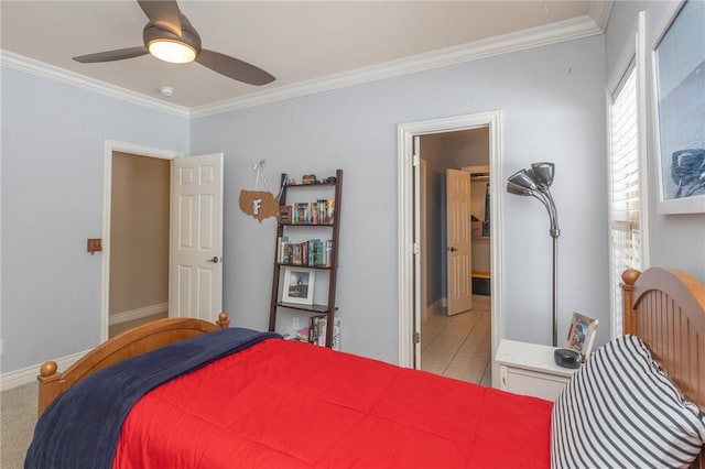 bedroom with light tile patterned flooring, baseboards, ceiling fan, and crown molding